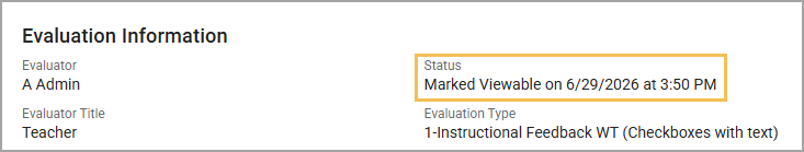 Evaluation document showing its status as marked viewable with evaluator details and evaluation type.